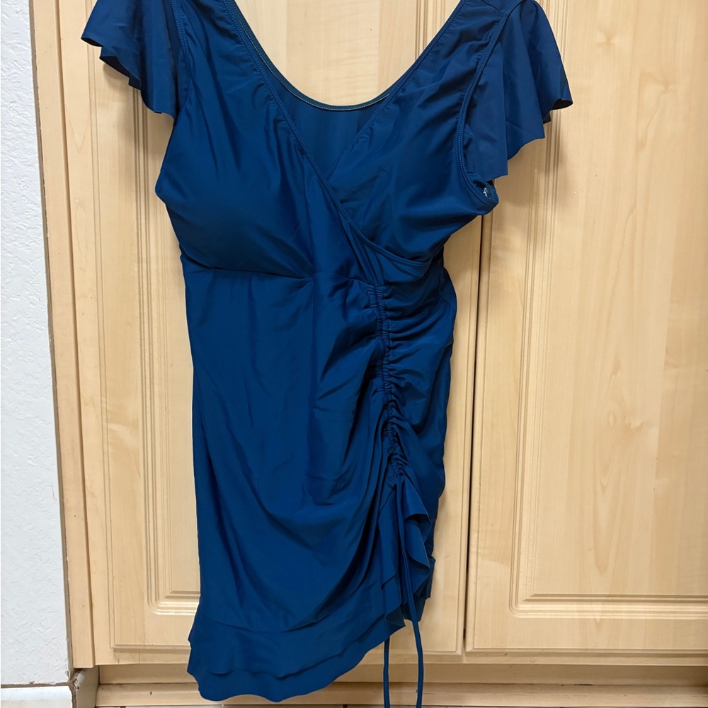 Cute Navy Blue Ruffled Sleeve Side Ruched adjustable 1 piece Swimsuit Dress XXL